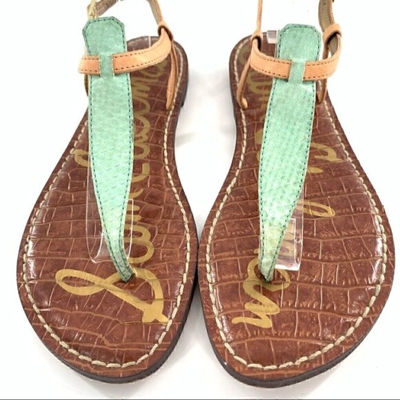 Sam Endelman Gigi sandals size 6 37 tan green snakeskin print leather t-strap - Picture 2 of 14